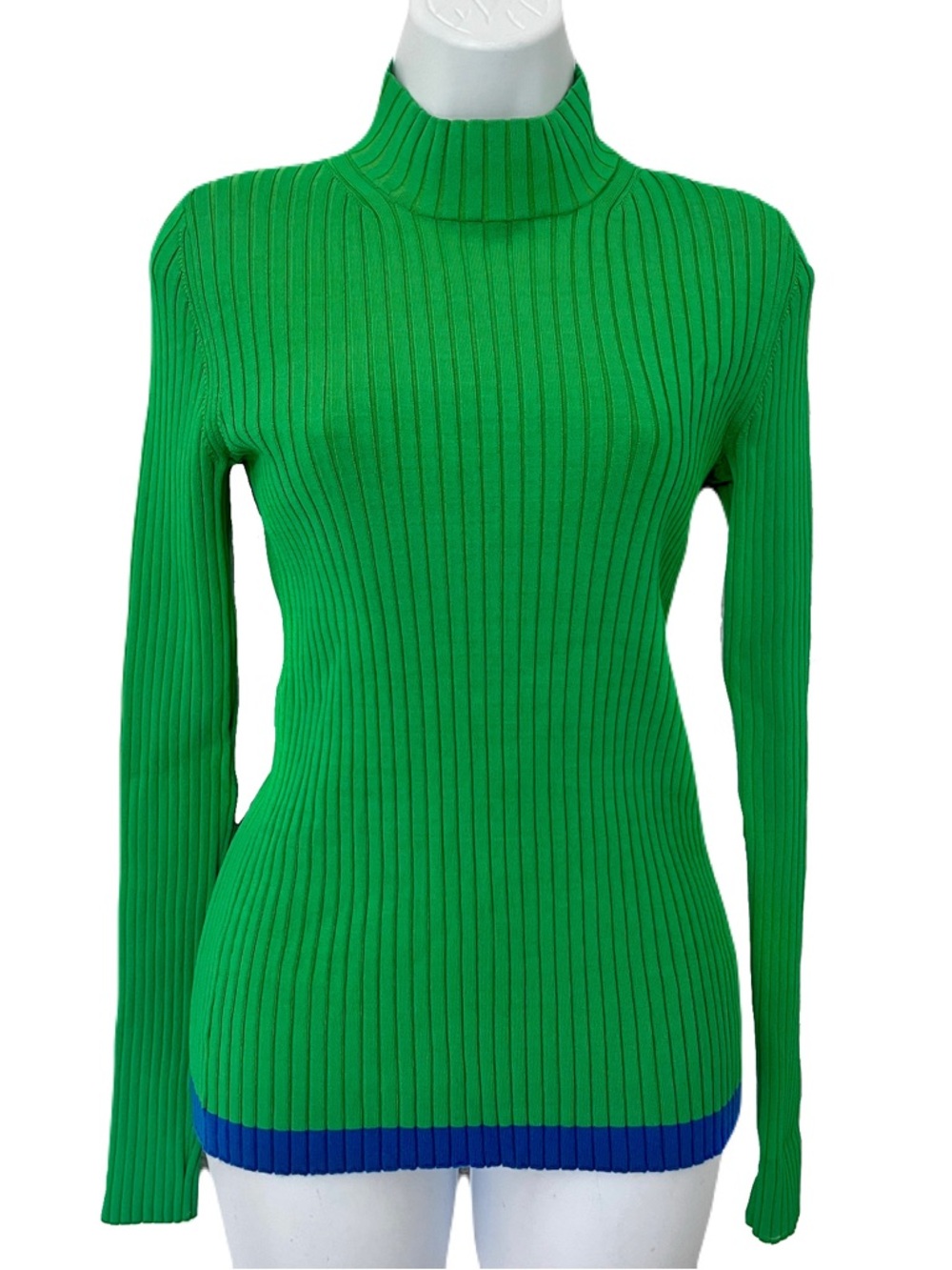 Tory Burch Green Ribbed Mock Turtleneck with Blue Trim, Size S
